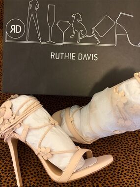 Ruthie Davis Nude Floral Lace-Up Stiletto Sandals